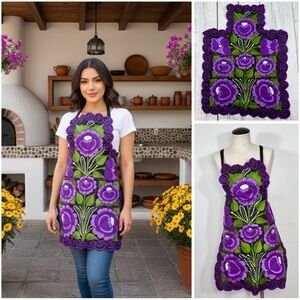 Mexican Embroidered Purple Zinacantan Floral Artisan Apron